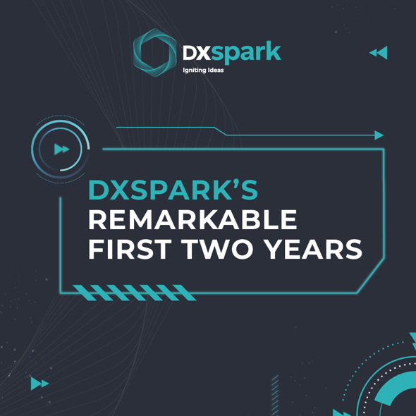 DXspark banner with the message “DXspark’s Remarkable First Two Years”, set against a dark background with cyan graphical elements, celebrating the company’s journey and milestones.