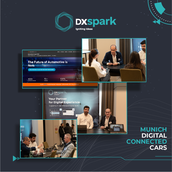 Collage of DXspark’s participation at the Munich Digital Connected Cars event, featuring networking meetings, brand stand presentation and interactions with partners and visitors. The DXspark booth highlights expertise in car infotainment technology.