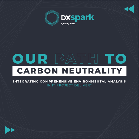 Institutional banner from DXspark with the message “Our Path to Carbon Neutrality”, highlighting the integration of comprehensive environmental analysis in IT project delivery.